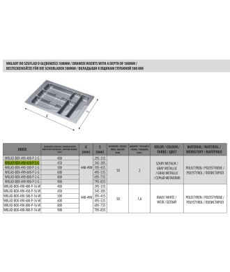 Wkład do szuflady gł 440-490mm szer 345-385mm szar