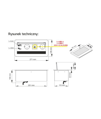 Gniazdo wpuszczane, otwierane INBOX z USB A+C, RJ45 i HDMI, czarny, przewód 1,5m