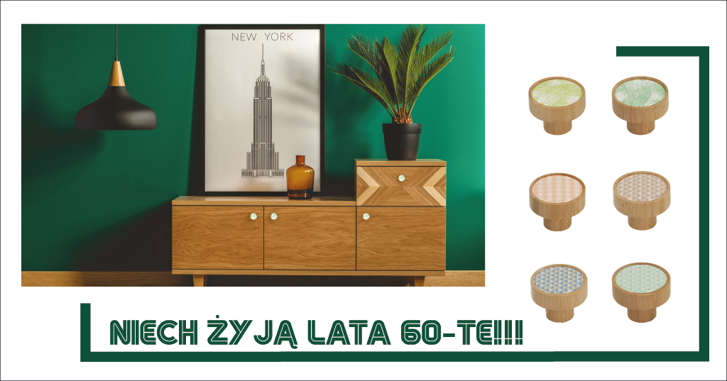 Drewniana komoda na tle butelkowozielonej ściany z czarną lampą wiszącą, plakatem Empire State Building i kolorowymi uchwytami retro w różnych pastelowych wzorach