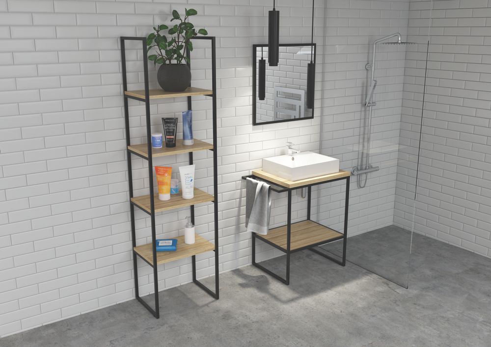 Minimalistyczna łazienka z drewniano-metalowymi meblami