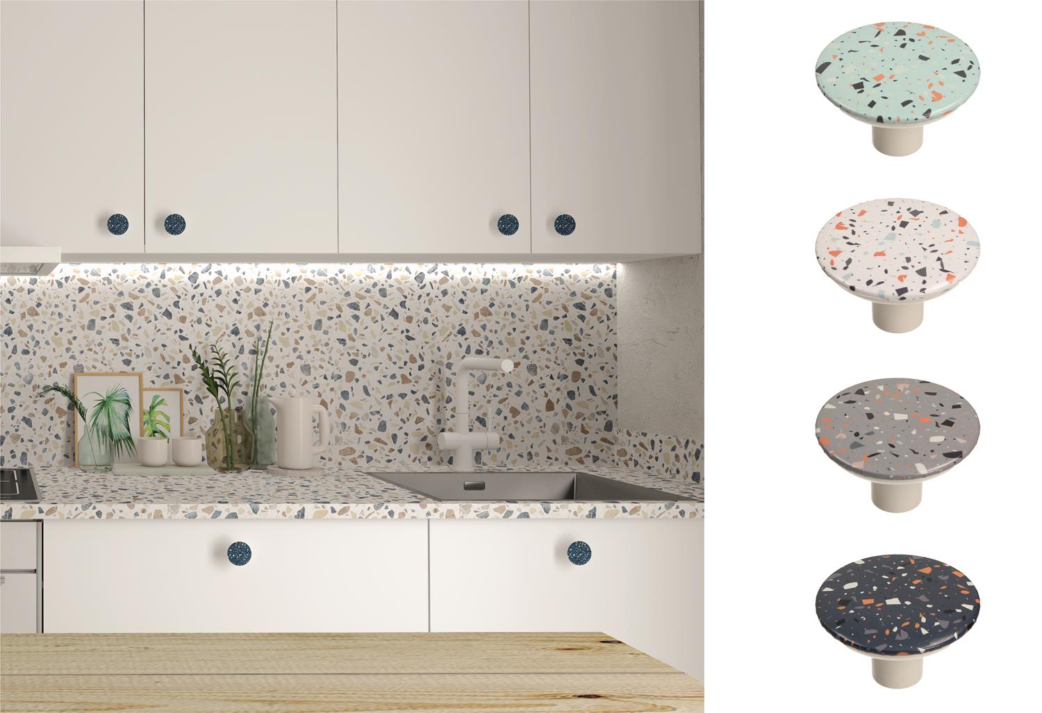 uchwyty terrazzo do białych frontów kuchennych