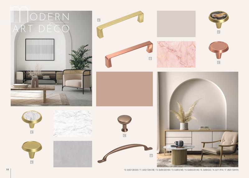 wnętrze Modern Art Déco z łukami, złotymi i miedzianymi uchwytami oraz pastelową kolorystyką