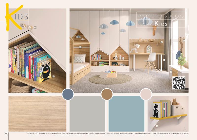 pokój dziecięcy w stylu Kids z zabudową w kształcie domków, pastelami i drewnianymi dodatkami