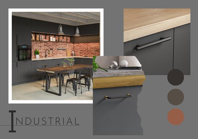 Kuchnia w stylu industrialnym z czarnymi matowymi frontami, ceglaną ścianą i czarnymi uchwytami meblowymi o prostym, technicznym kształcie, w towarzystwie metalowych krzeseł i lamp sufitowych.