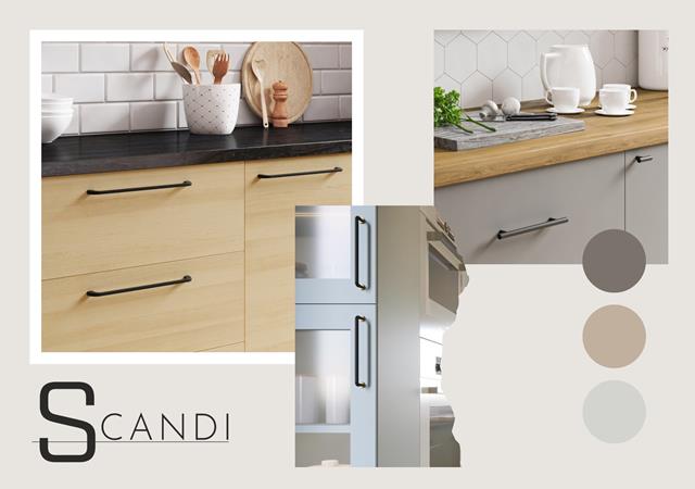 Jasna kuchnia w stylu skandynawskim z drewnianymi frontami i prostymi czarnymi uchwytami, łącząca minimalizm z naturalnymi materiałami i stonowaną kolorystyką.