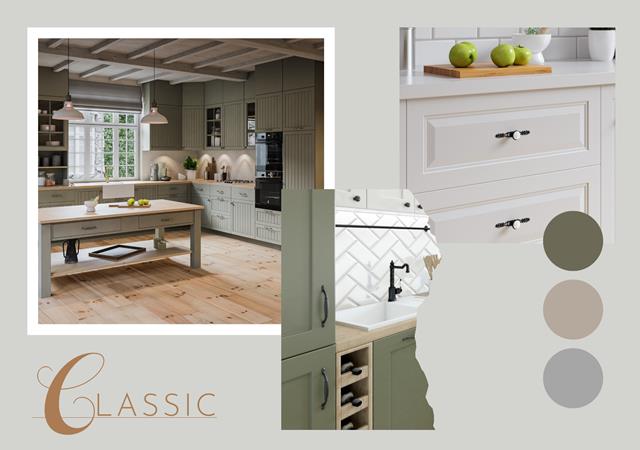 Tradycyjna kuchnia w stylu klasycznym z zielonymi i kremowymi frontami, porcelanowymi uchwytami i złotymi detalami — rustykalny urok połączony z domowym ciepłem.