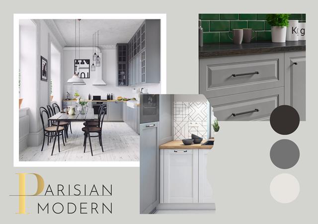 Styl Parisian Modern w kuchni z białymi frezowanymi frontami, ciemnymi uchwytami i kontrastującymi płytkami — subtelne połączenie klasyki z nowoczesną elegancją.