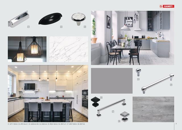 Styl Classic z jasną kuchnią i jadalnią, chromowanymi uchwytami i klasycznym oświetleniem; wnętrza z marmurowymi blatami, frezowanymi frontami i ponadczasową elegancją w bieli i szarościach.